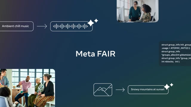 Meta’s new AI models in one image: Chameleon generating text and images, JASCO creating music, and AudioSeal detecting AI speech. Also featured are multi-token prediction and geographical indicators, symbolizing innovation and ethical AI use.
