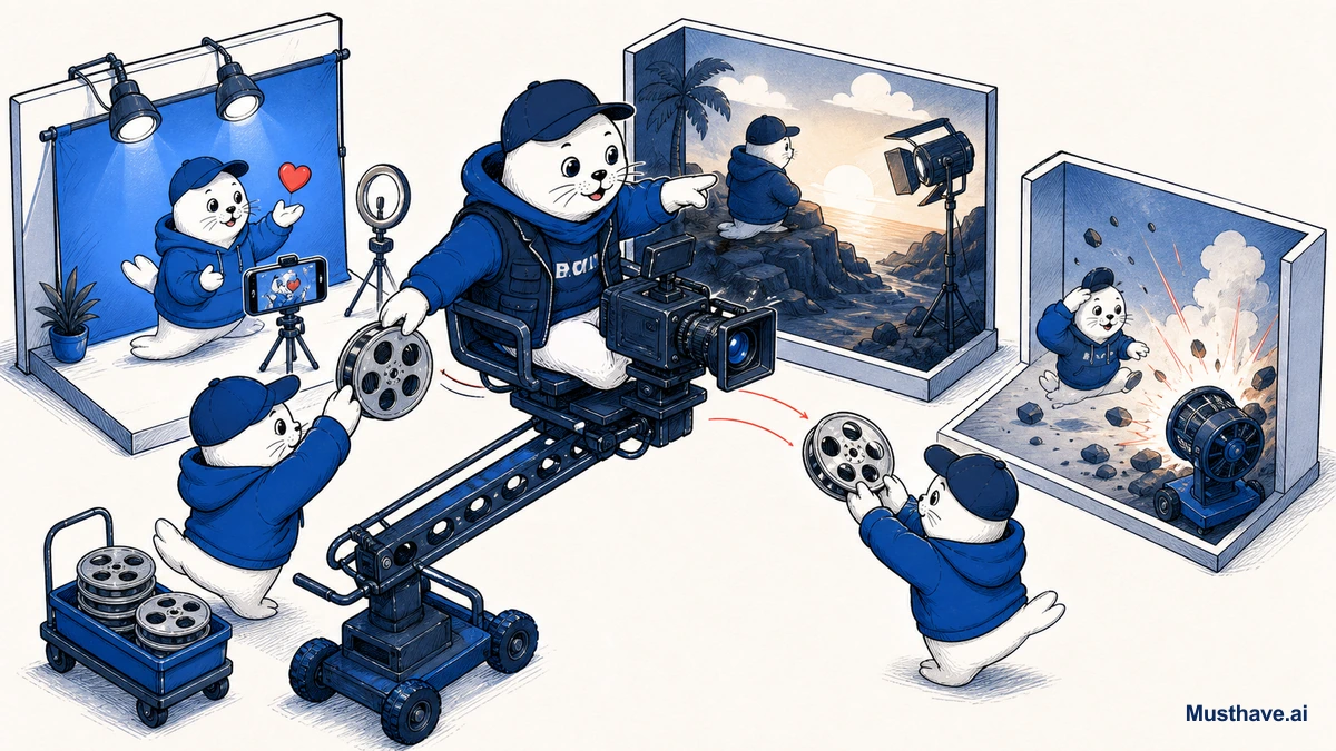 Hoodie Seal illustration: A producer builds one video by handing each shot to the specialist that performs it best.