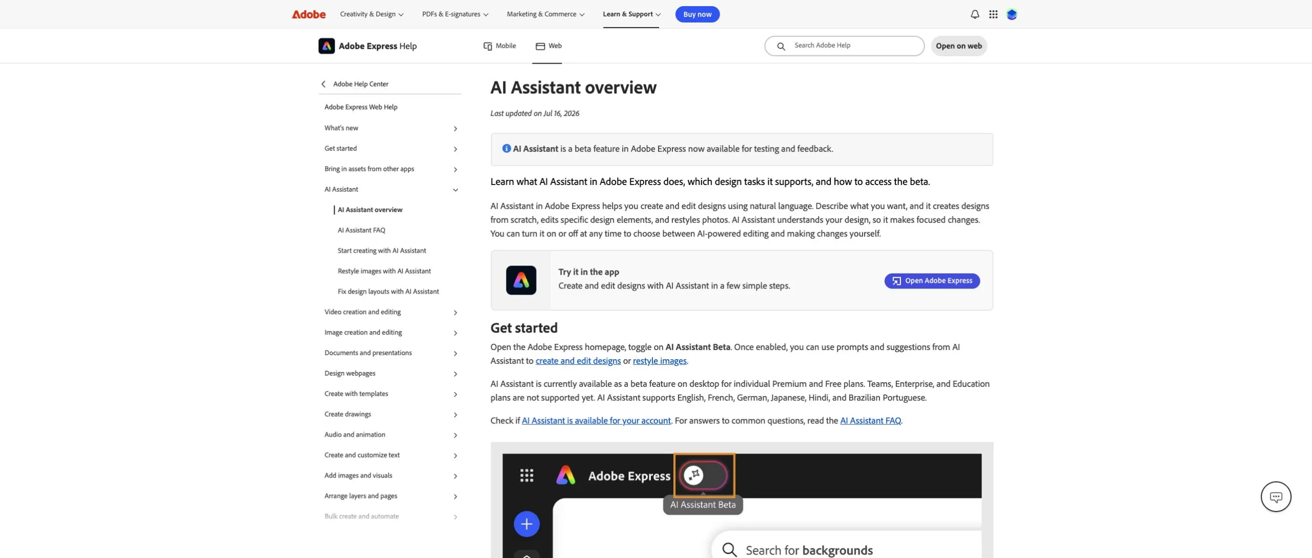Adobe Express AI Assistant official overview showing the beta notice and access instructions