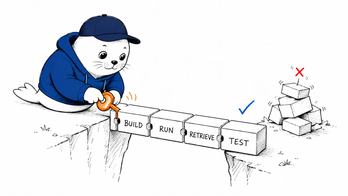 Musthave.ai Hoodie Seal assembles a four-part AI stack labeled Build, Run, Retrieve and Test.
