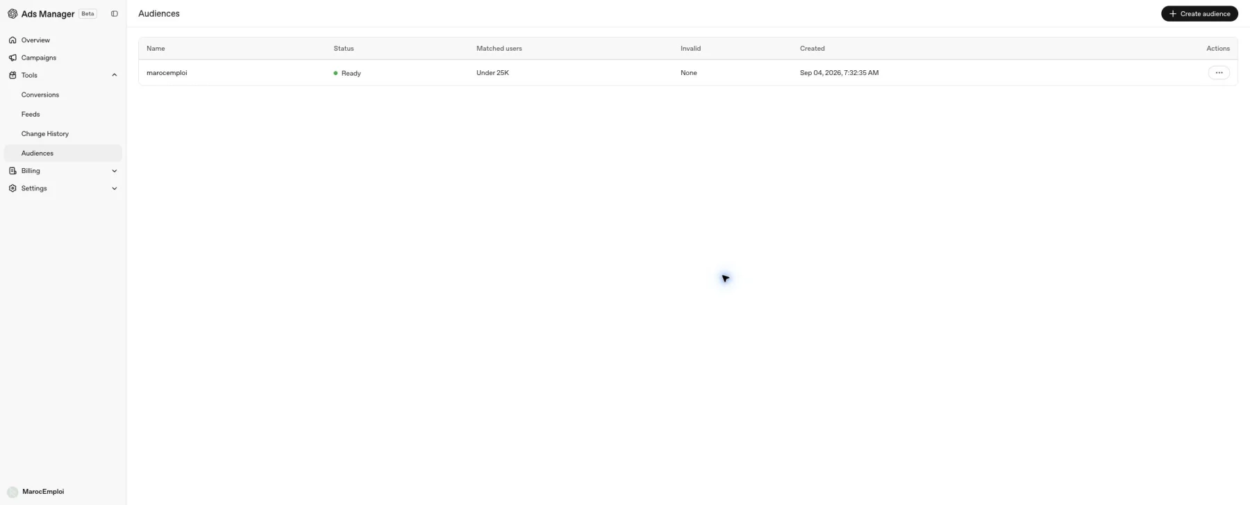 OpenAI Ads Manager custom audience named marocemploi with Ready status and fewer than 25,000 matched users