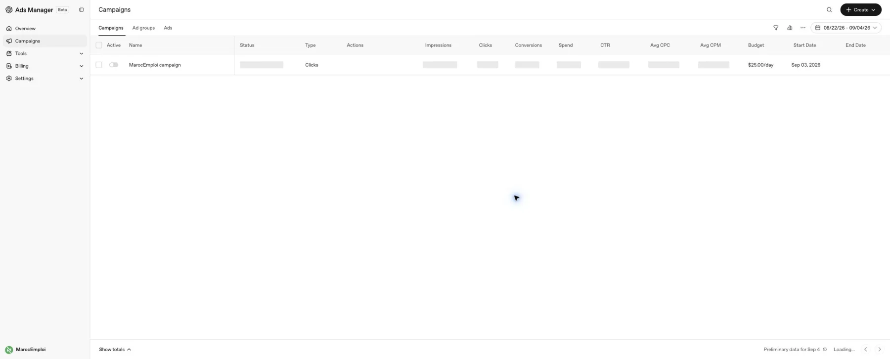 OpenAI Ads Manager campaign table showing MarocEmploi campaign with a Clicks objective and a $25 daily budget