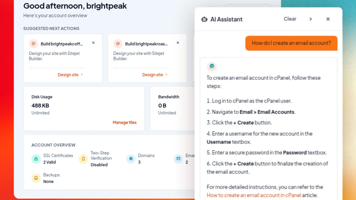 cPanel Meridian dashboard with the AI Assistant explaining how to create an email account