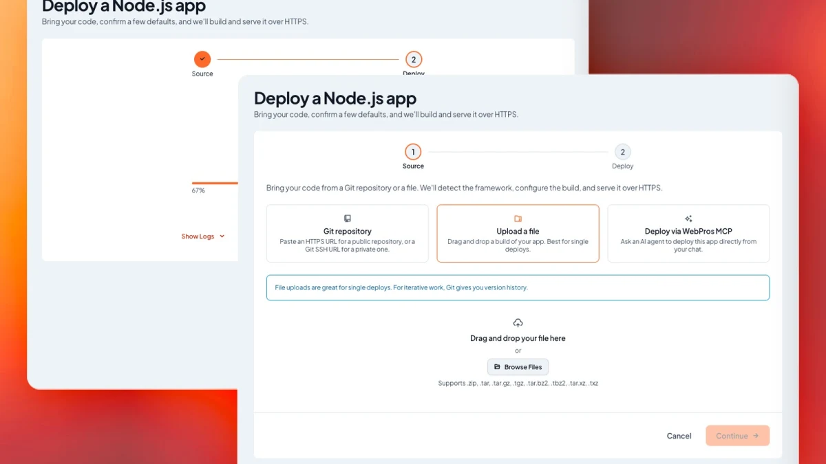 cPanel Meridian Node.js deployment wizard with Git repository, file upload and WebPros MCP source options