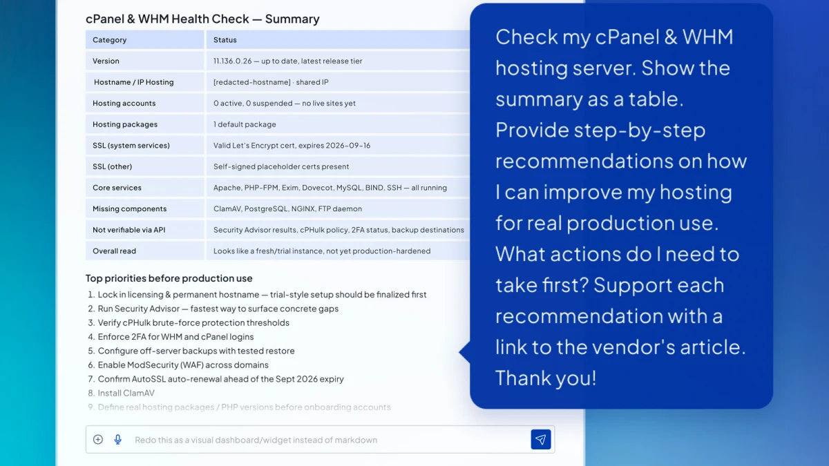 Example AI-generated cPanel and WHM health-check table with a production-hardening prompt