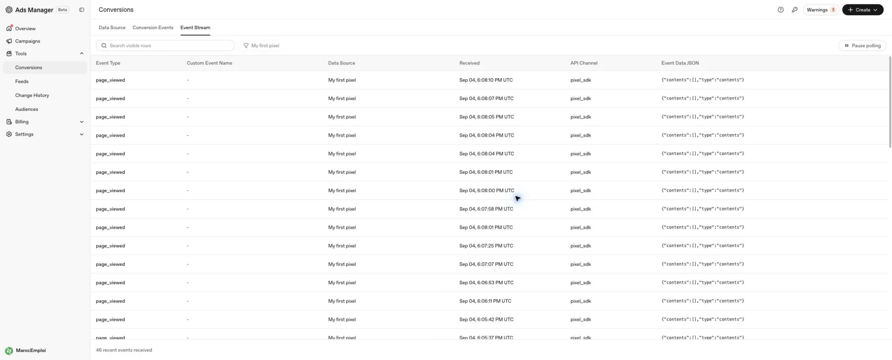 OpenAI Ads Manager Event Stream receiving page_viewed events from the MarocEmploi website through pixel_sdk